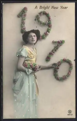 AK Dame mit Jahreszahl 1910 aus Blüten, A Bright New Year