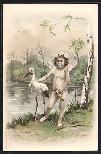 AK Kleiner Amor steht mit einem Storch an einem See