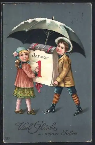 Präge-AK Neujahr, Kinderpaar unter einem Regenschirm