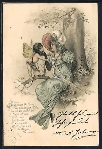 Präge-AK Jetzt magst Du flehen..., Junge Dame und Amor im Wald