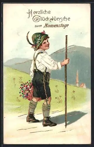 AK Glückwünsche zum Namenstag, Kleiner Wanderer in Lederhosen