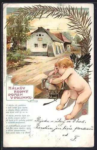 Künstler-AK Amor mit dem Kopf in der Hand, Jugendstil