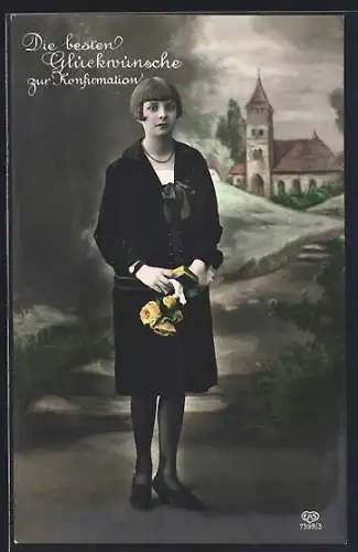 AK Glückwünsche zur Konfirmation, Mädchen mit Rosenstrauss