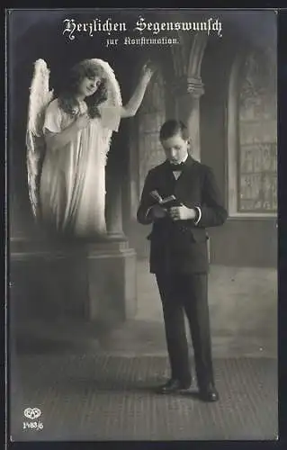 AK Schutzengel betrachtet den Jungen mit der Bibel, Herzlichen Segenswunsch zur Konfirmation