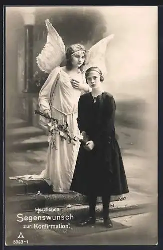 AK Segenswunsch zur Konfirmation, Engel und Mädchen vor einer Kirche