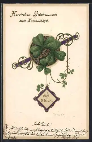 Präge-AK Glückwunsch zum Namenstag, Kleeblätter und Ranken