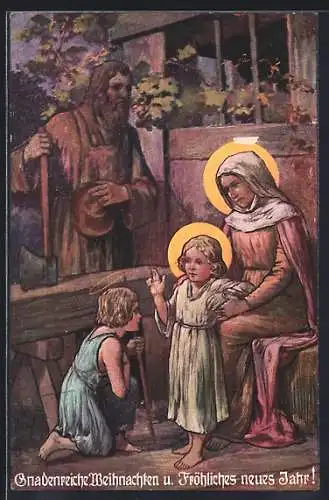 Künstler-AK Gnadenreiche Weihnachten, Hirte kniet vor Maria und dem Christkind