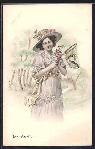 AK Dame mit Kescher und gefangenem Fisch, 1. April