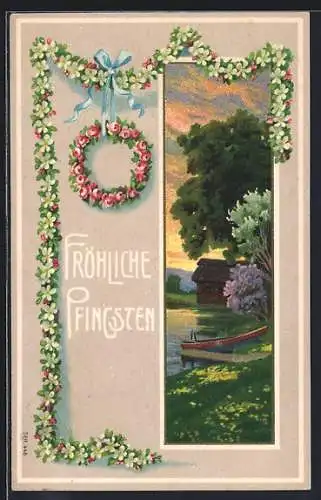Präge-AK Uferpartie mit Rosenkranz zu Pfingsten