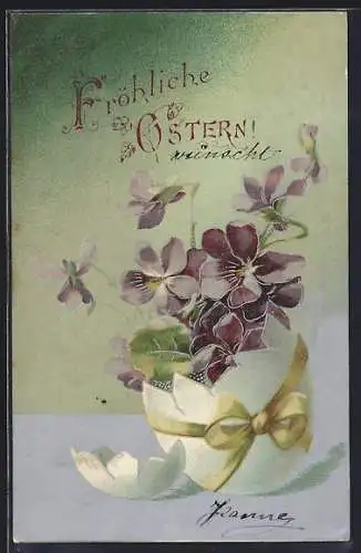 AK Ostergruss, Veilchen in einer Eierschale