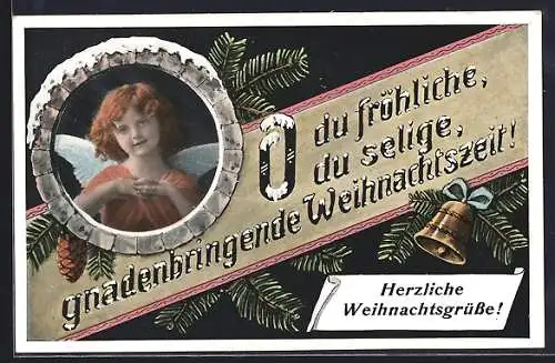 AK Kleiner Weihnachtsengel im Passepartout mit Tannenzweig und Glocke