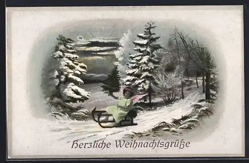AK Weihnachtsengel fährt auf Schlitten durch nächtlichen Wald
