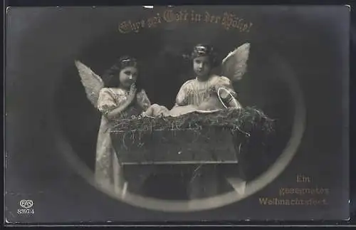 AK Weihnachtsengel stehen an der Krippe mit dem Christkind