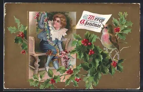 Präge-AK Merry Christmas, Junge mit Girlande, Passepartout mit Rotkehlchen und Stechpalmenzweig