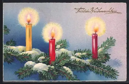 AK Fröhliche Weihnachten, Tannenzweig mit brennenden Kerzen