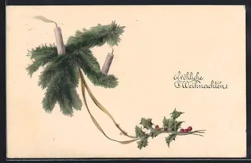 AK Fröhliche Weihnachten, Tannen- und Stechpalmenzweig mit Kerzen