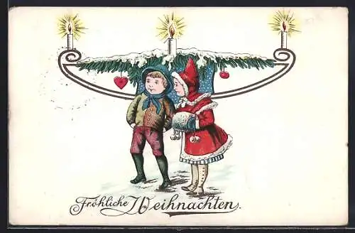 AK Kinder unter einem Tannenzweig mit Kerzen