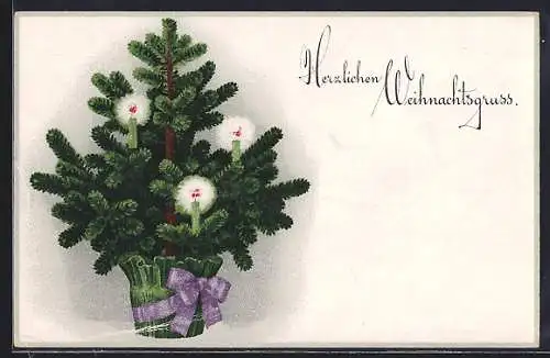 AK Herzlichen Weihnachtsgruss, Tannenbaum mit brennenden Kerzen