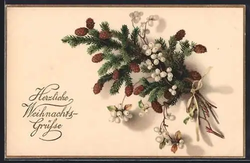 AK Herzliche Weihnachtsgrüsse, Tannenzweig und Schneebeeren