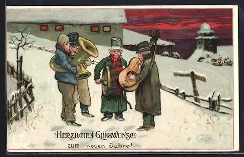 AK Neujahrsgruss, Musikanten auf verschneiter Strasse