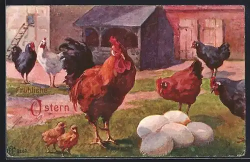 Künstler-AK Fröhliche Ostern, Hühner und Küken vor dem Stall