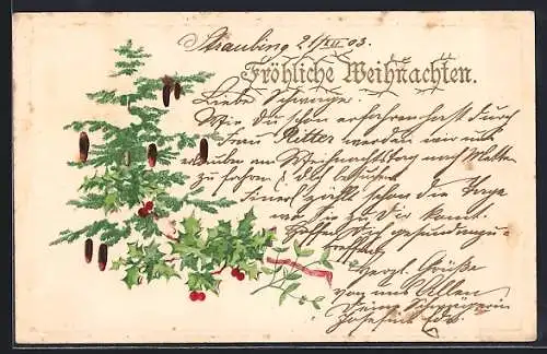 Präge-AK Fröhliche Weihnachten, Tannen-, Stechpalmen- und Mistelzweige