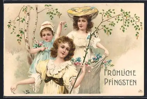 AK Drei Mädchen mit Blumen zu Pfingsten