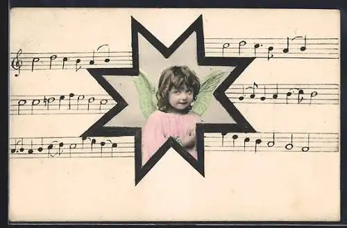AK Kleiner Weihnachtsengel im Sternen-Passepartout mit Musiknoten