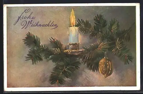 Künstler-AK Frohe Weihnachten, Brennende Kerze auf einem Tannenzweig