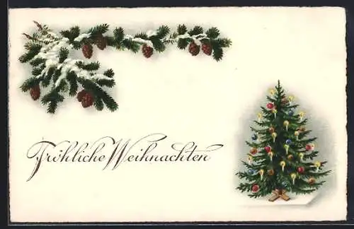 AK Fröhliche Weihnachten, Verschneiter Tannenzweig und geschmückter Weihnachtsbaum