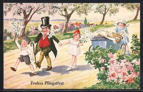 Künstler-AK Pfingstgruss, Familie mit Kinderwagen bei einem Frühlingsspaziergang