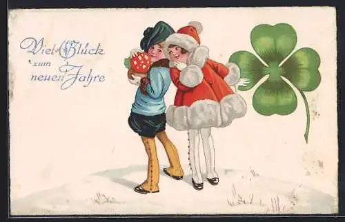 AK Neujahrsgruss, Kinder mit Kleeblatt und Fliegenpilz