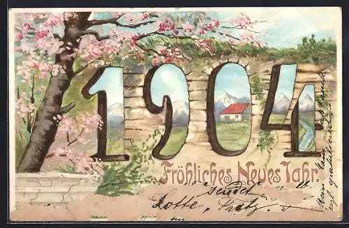 Präge-AK Mauer mit der Jahreszahl 1904, Kirschblütenbaum, Neujahrsgruss