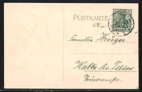 Präge-AK Goldene Jahreszahl 1908 mit Kleeblättern, Neujahrsgruss