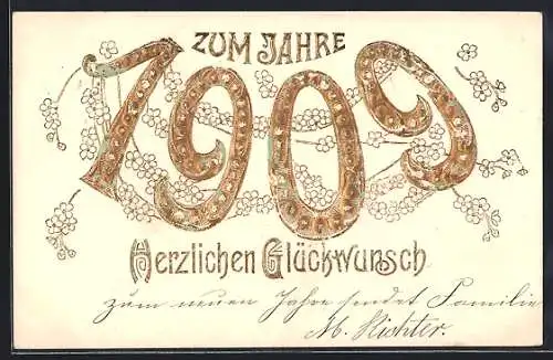 Präge-AK Goldene Jahreszahl 1909 mit Blumen-Girlanden