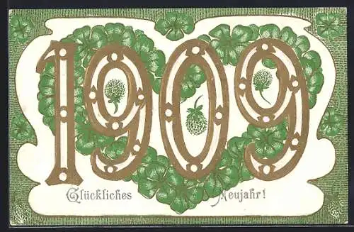 Präge-AK Jahreszahl 1909 auf einem Herz aus Kleeblättern, Neujahrsgruss