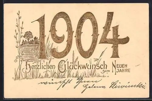 Präge-AK Goldene Jahreszahl 1904 mit Wiesenlandschaft, Neujahrsgruss