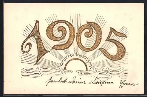 Präge-AK Goldene Jahreszahl vor einem Sonnenaufgang, Neujahrsgruss