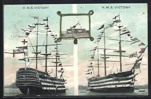 AK Kriegsschiff HMS Victory in Bug- und Heckansicht in Flaggengala, der Anker