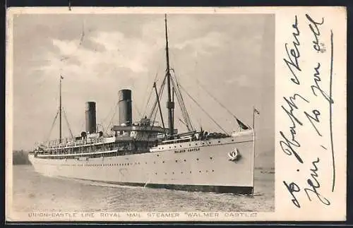 AK Passagierschiff RMS Walmer Castle auf See, Union-Castle Line