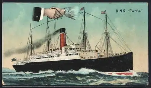 AK Passagierschiff RMS Ivernia auf rauer See, Handreiche
