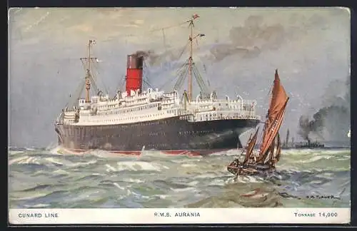 AK Passagierschiff RMS Aurania bei rauem Wellengang, Cunard Liner