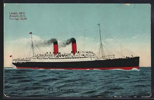 AK Passagierschiff RMS Franconia unter Volldampf auf dem Meer