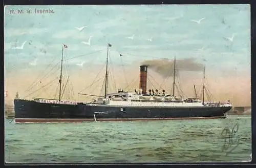 AK Passagierschiff RMS Ivernia vor der Küste vor Anker liegend