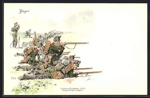 Künstler-AK Carl Becker: Jäger in Schiessposition, Soldaten-Postkarten Inf. 11