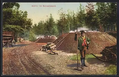 AK Köhler im Schwarzwald, mit rauchenden Meilern und Wagen