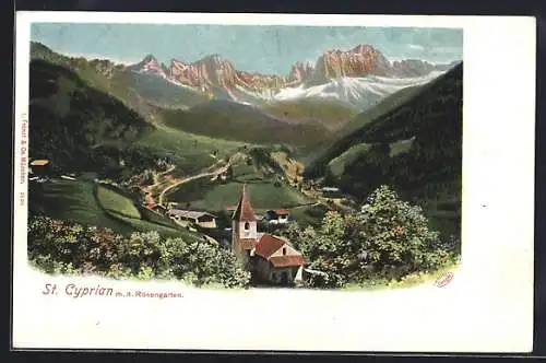 AK St. Cyprian, Ortsansicht mit dem Rosengarten