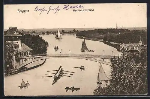 AK Treptow /Berlin, Spreepanorama mit Brücke und Booten
