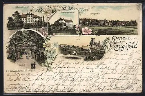 Lithographie Königsfeld / Baden, Mädchen- und Knabenpension, Ruine, Ortskern