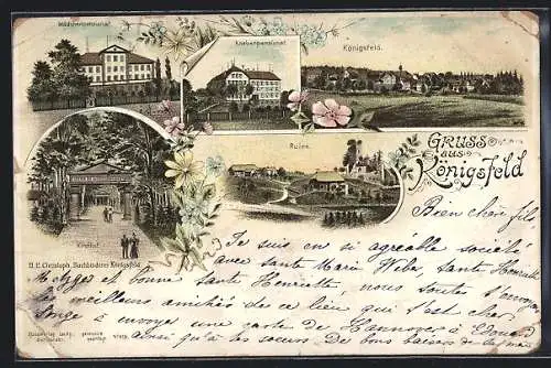 Lithographie Königsfeld / Baden, Mädchen- und Knabenpension, Ruine, Ortskern